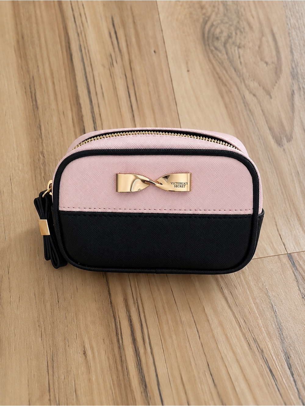 Victoria's Secret Pink and Black Cosmetic Crossbody with Gold Bow